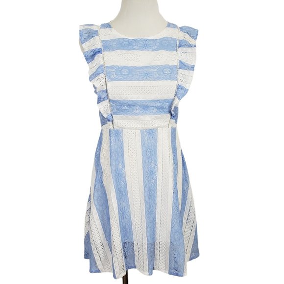 J.O.A. Ruffle Sleeve Lace Back Stripe Lace Dress M - Picture 3 of 11